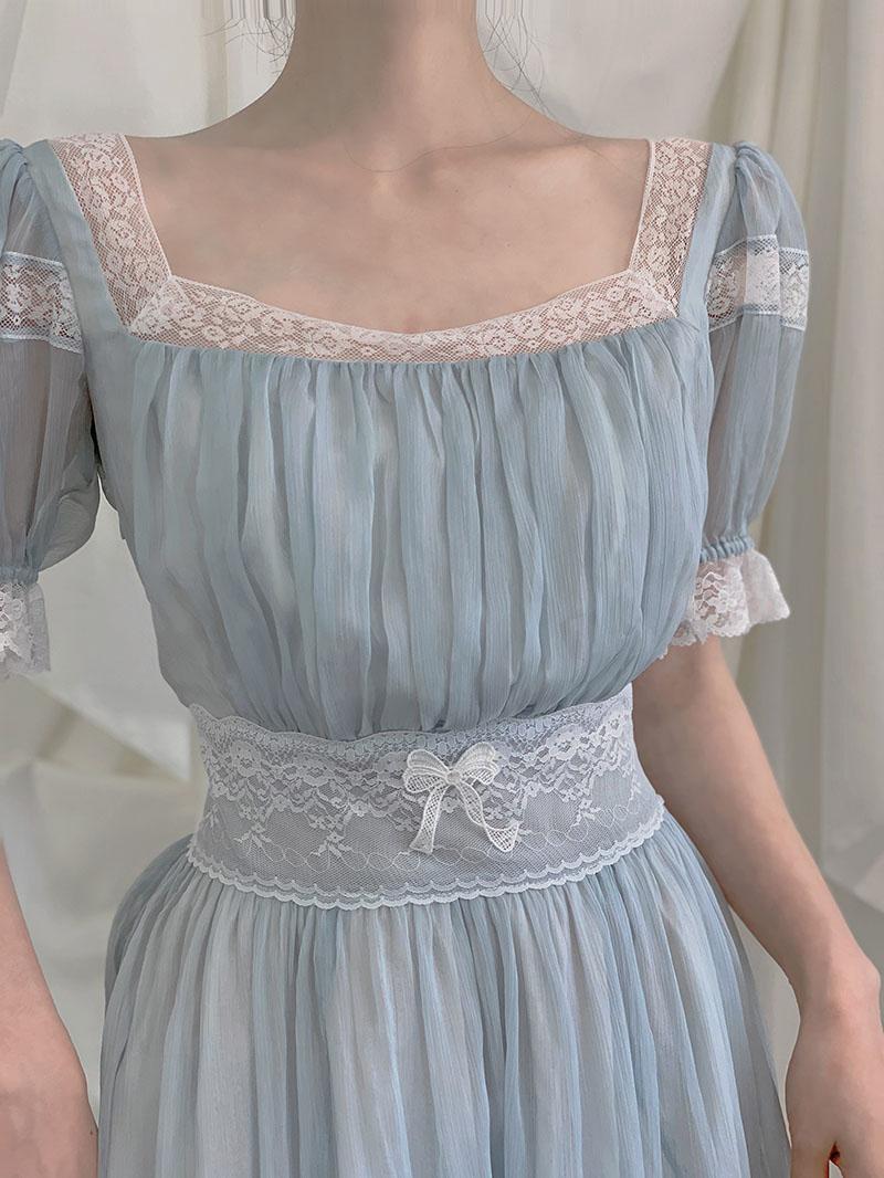 Fairy Party Dress Women Summer Vintage Blue Lace Meash Princess Dress Kawaii Lolita Elegant Casual One Piece Vestido