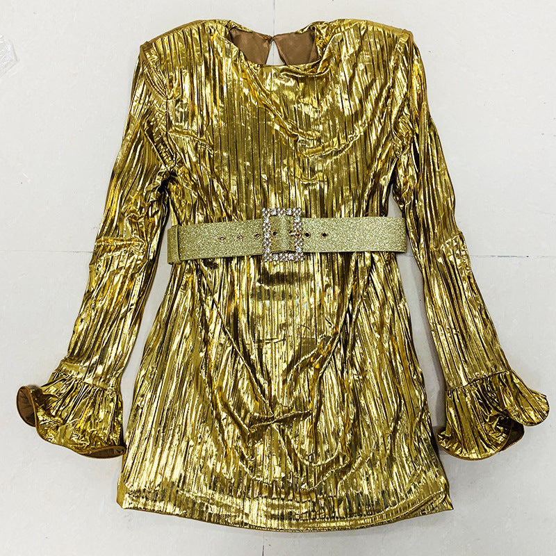 Lizakosht  Pleated Mini Dress with Belt Silver Gold 2022 New Designer BLING BLING Shiny Long Flare Sleeve Fashion Party Summer Dress