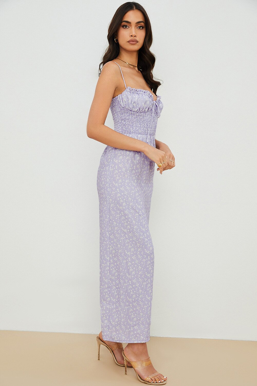 Sexy Floral Spaghetti Strap Dress Women Summer Purple Print Lace Up Elegant Slim Backless Fairycore Long Dress Party