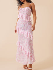 Lizakosht Women Elegant Sling Dress Sleeveless Spaghetti Straps Flower Print Ruffled Summer Long Sundress for Cocktail Party
