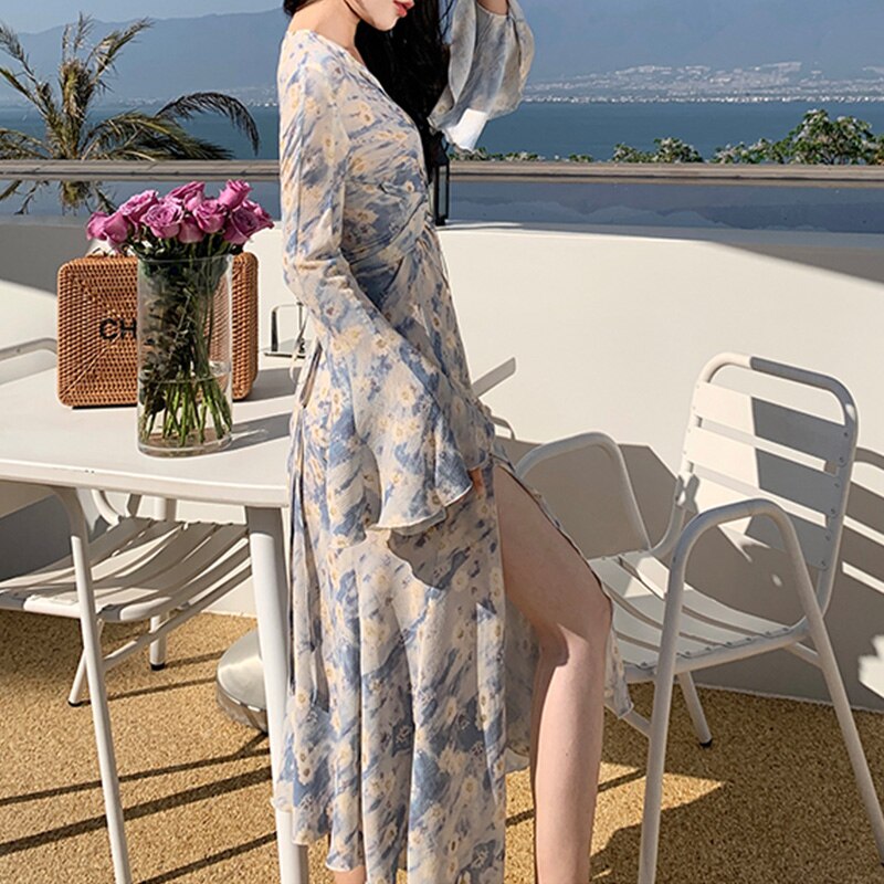 Lizakosht Blue Printed Elegance Dress Women Summer Hollow Out Evening Party Dresses Ladies Sexy Long Vestido Vacation