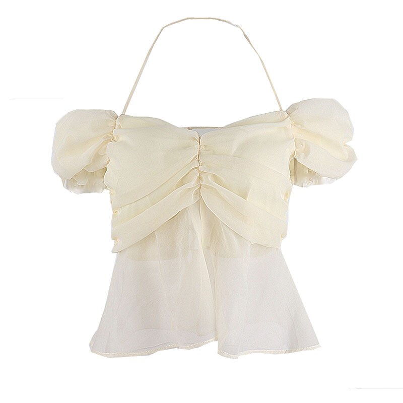 Summer T-Shirt for Women New Fashion Sweet Bow Knot Pile Sleeves Sexy Mesh Back Hollow Tether Hanging Neck Stitching Top Women
