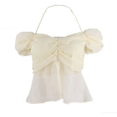 Summer T-Shirt for Women New Fashion Sweet Bow Knot Pile Sleeves Sexy Mesh Back Hollow Tether Hanging Neck Stitching Top Women