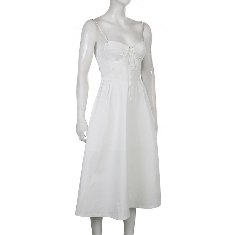 Lizakosht  Women's White Dress Low Cut Sling Dress Feminine Waist White Long Dress