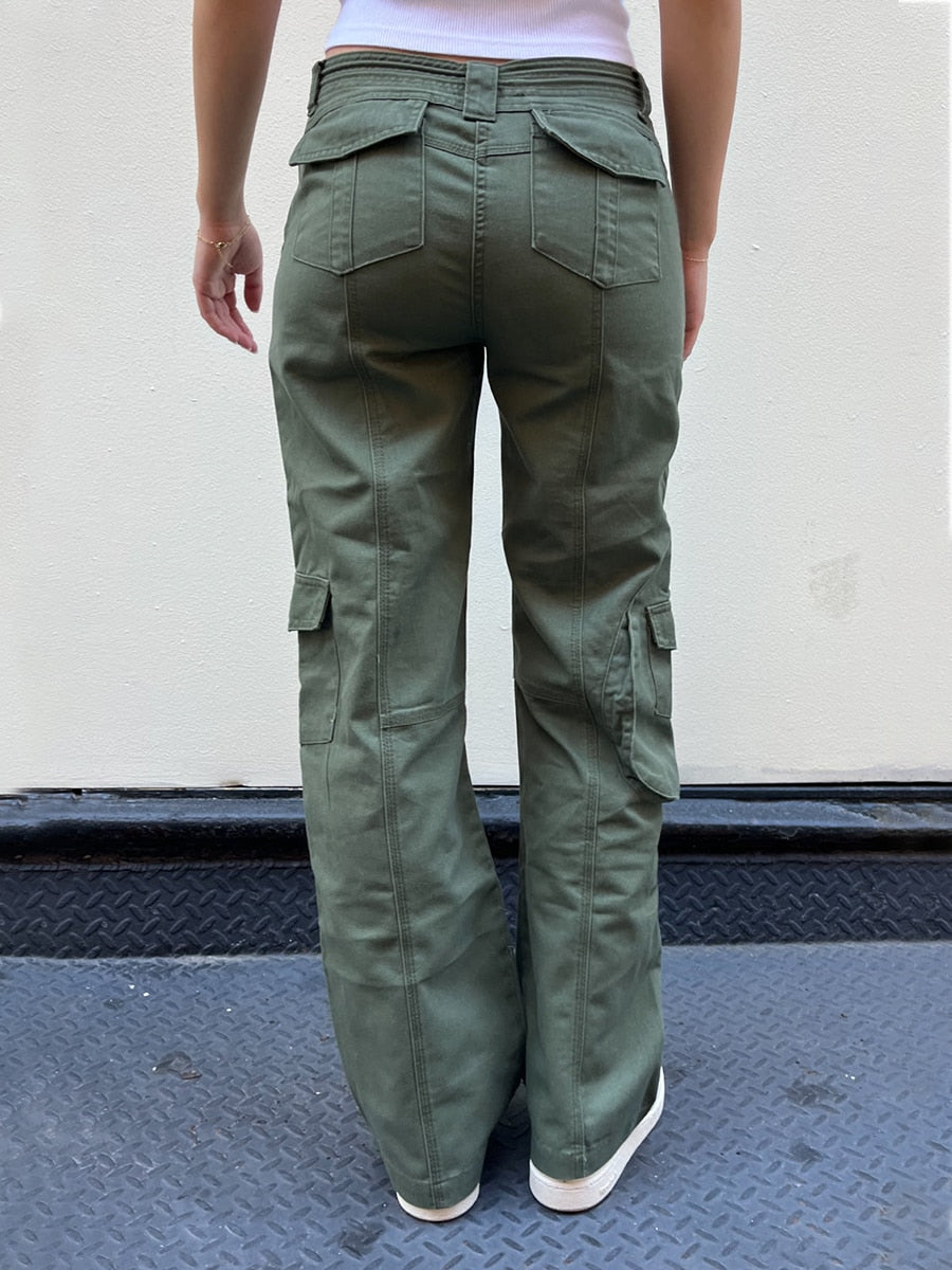 Lizakosht Vintage Casual Green Cargo Pants Women Spring Solid Adjustable Elastic High Waist Straight Pants Retro Streetwear Y2k Trousers