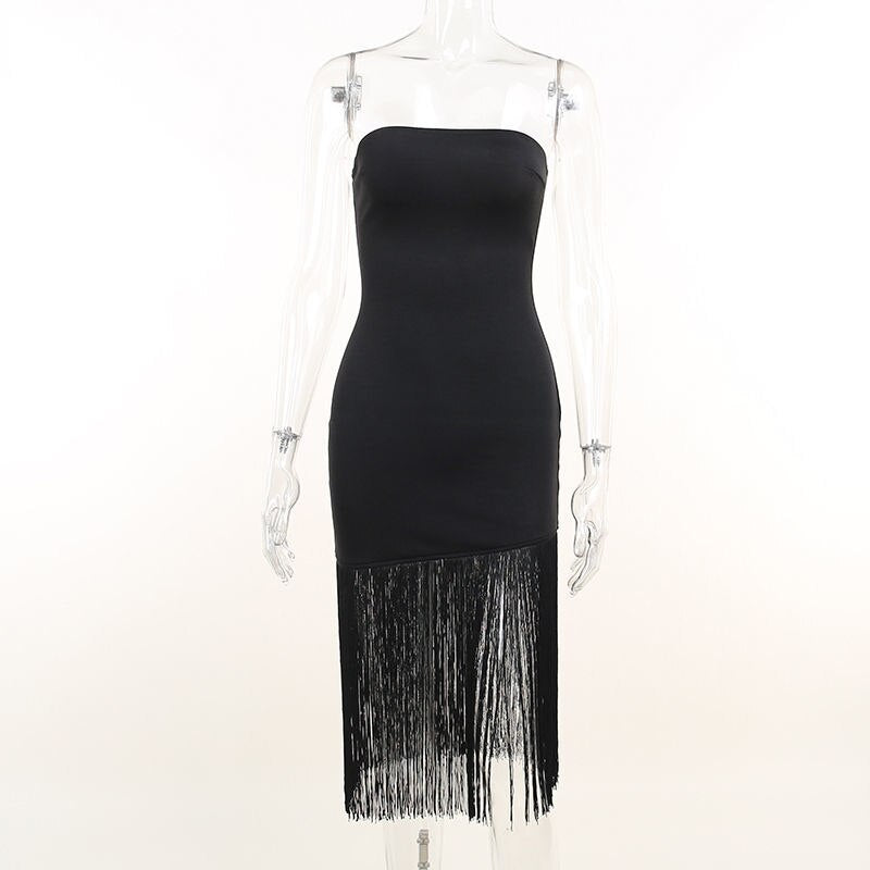 Lizakosht Dress White Elegant Midi Dress Women Sleeveless Summer Fringe Black Strapless Dress Lady Party
