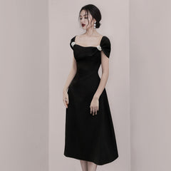 Summer Pearls Black Party Long Dress Sexy Bow Tie Sleeveless Beading Strap A-Line Dresses Women Vintage French Vestidos D520