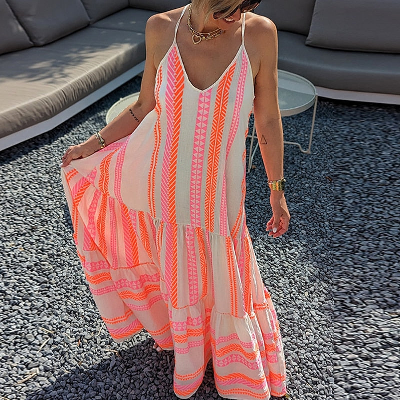 Lizakosht Casual V-neck Pleat Party Long Dress Women Seaside Suspenders Female Dresses Elegant Loose Graphic Bohemian Beach Dress