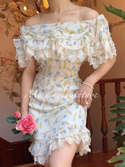 Lizakosht Dress For Women Vintage Elegant Slim Sexy Lace Slash Neck Floral Print Mini Dress Korean Fashion Summer Chiffon Bodycon Dress