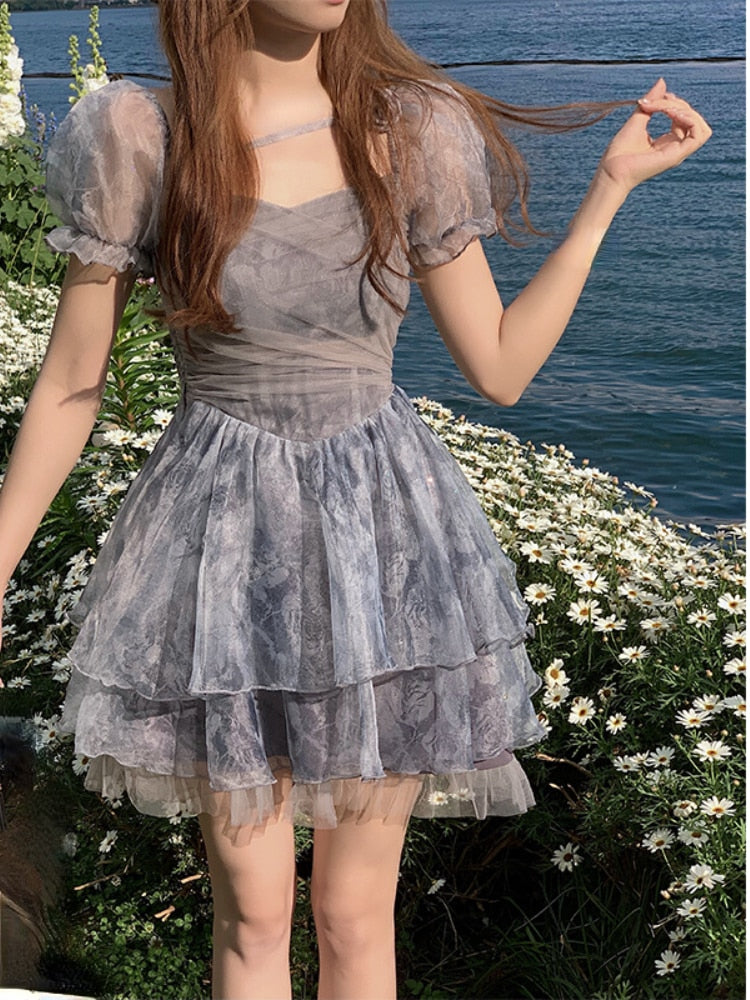 Lizakosht  Summer Sweet Kawaii Floral Mini Dress Woman Party French Vintage Korea Fashion Dress Casual Elegant Short Sleeve Dress Slim