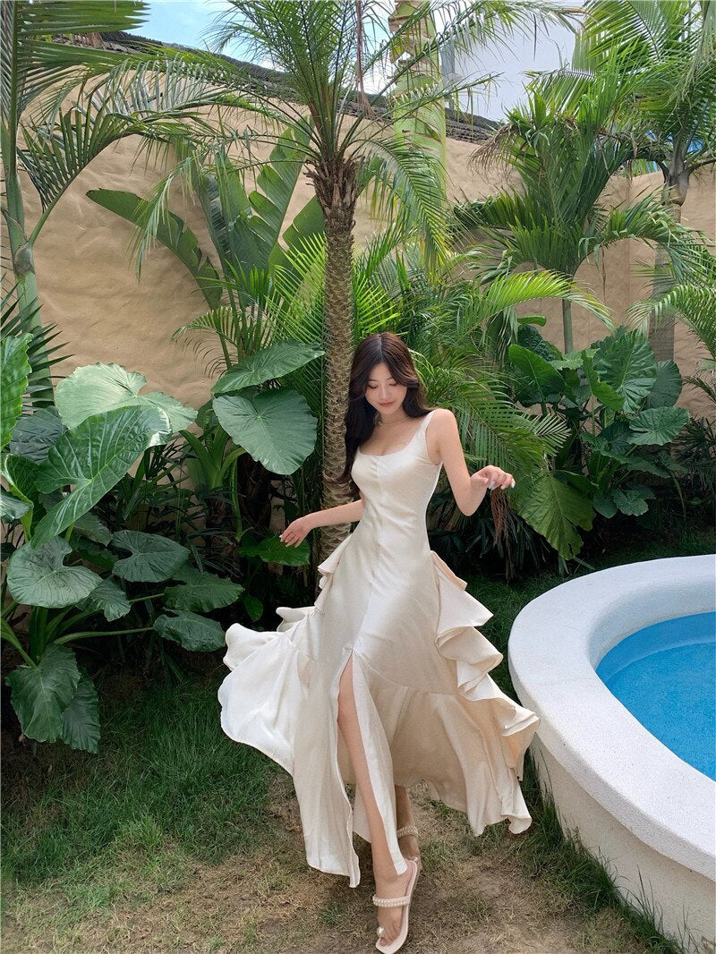 Lizakosht Imitation Acetate Satin Suspender Dress Long Dress Summer Mermaid Tail Large Hem Ruffled Holiday Dress