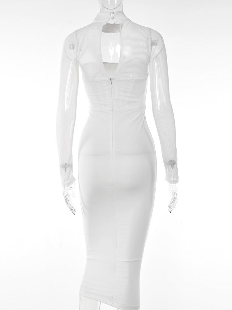 Sanches Double Layers Mesh Sexy Summer Dress Women 2022 Strapless Long Sleeve Bodycon Midi Dresses Solid Elegant Party Clubwear