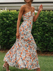 Lizakosht Chiffon Halter V-neck Printed Women Summer Long Ladies Dress Sleeveless Beach Style Backless Floral Dress 2023 New