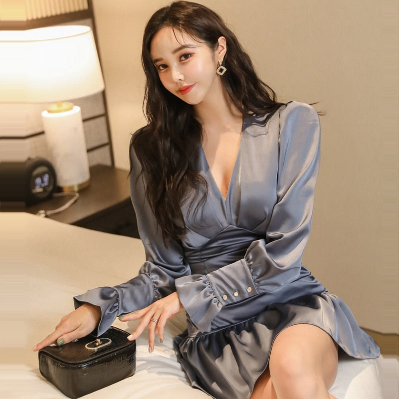 Chic V-neck Slim Waist Long Sleeve Women Dress Elegant Ruffles Hem Package Hip Dress Female Mini Vestidos
