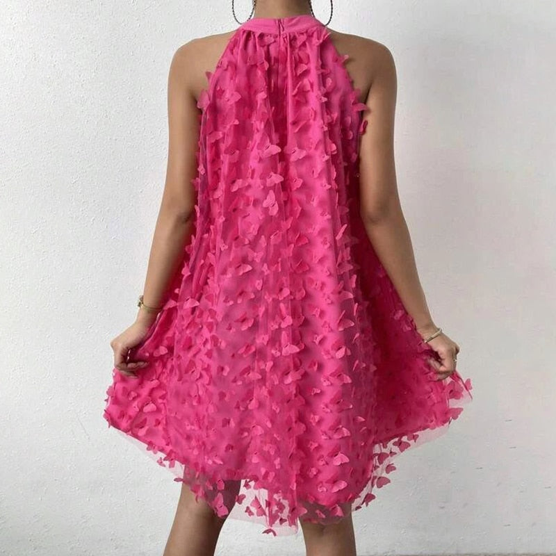 Lizakosht Chic Loose Halter Party Dress Sexy Solid Color Applique Butterfly Big Hem Dresses Ladies Liner Mesh Short Dress For Women