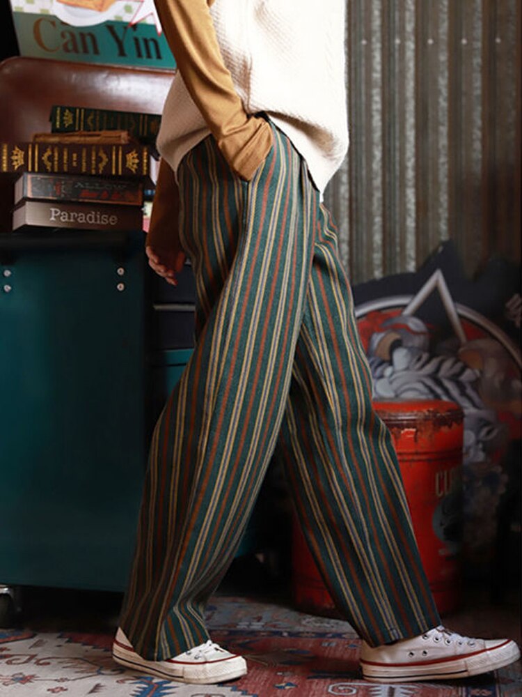 LIZAKOSHT  -  Vintage Retro Green Striped Print Wide Leg Pants Women Korean Style Oversize High Elastic Brown Trousers for Female 2022