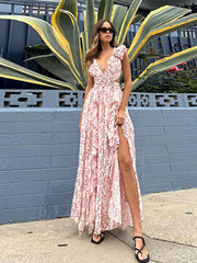 Lizakosht Printed Deep V Backless Ruffle Floral Dress Women Sleeveless Hollow Out Slim Fit Robes Summer Female Vacation Beach vestido