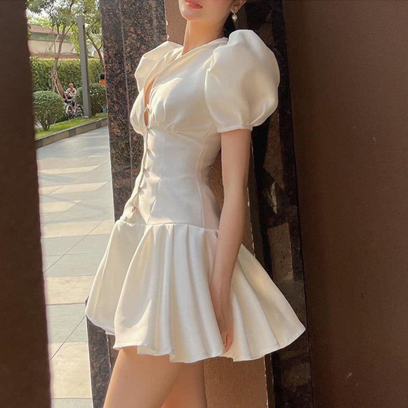 Summer Short White Dress Women Puff Sleeve Sexy V-Neck Pleated Mimi Party Dresses Women Vestidos Single Breasted Ball Gown F121