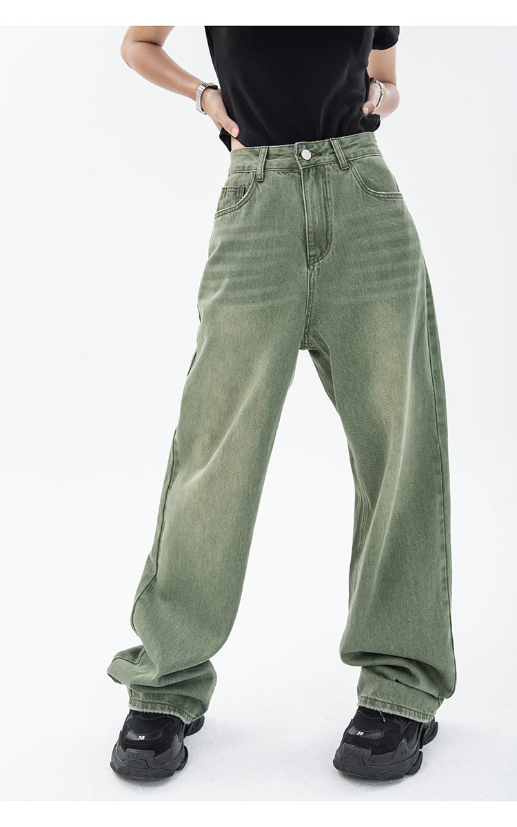Vintage Green Women's Jeans Fashion Trousers Streetwear High Waist Wide Leg Summer Y2K Baggy Casual Straight Mom Denim Pants