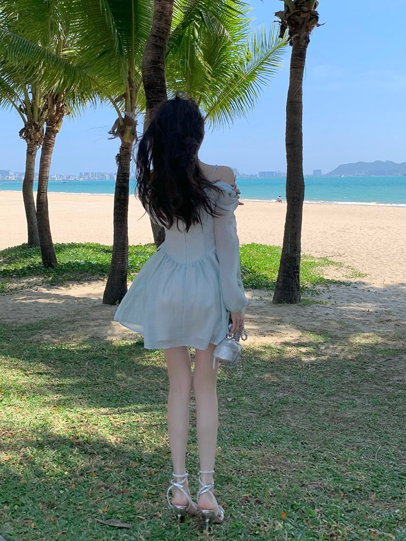 Long Sleeve Dress Female Blue Sweet A-Line Summer High Waist Vintage Slim Fairy Dress Princess Dress Sundress Beachwear Holiday