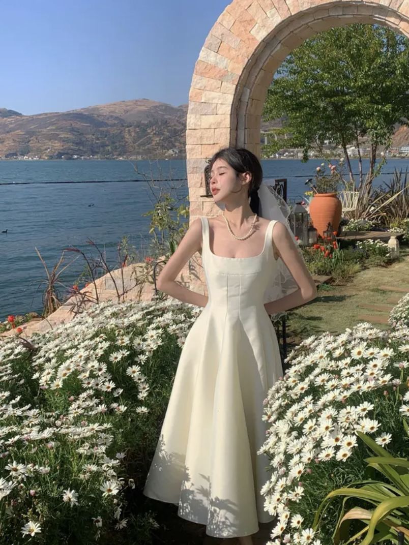 Summer New Women Fashion Elegant White Midi Dresses Vintage Princess Female Party A Line Clothes Vestdios