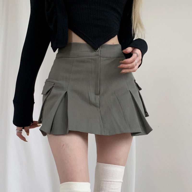 HOUZHOU Vintage Pocket Denim Cargo Skirt Women Korean Preppy Style High Waist Solid A-line Casual Pleated Mini Skirt Y2K E Girl