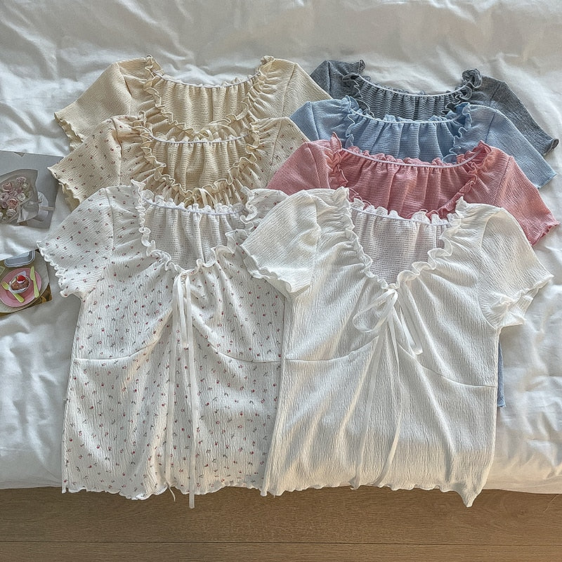 Lizakosht Sweet Tshirt Women Summer V-Neck Short Sleeve Lace-up Floral T-shirt Female Tops Tees Kawaii Clothes