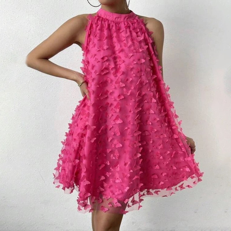 Lizakosht Chic Loose Halter Party Dress Sexy Solid Color Applique Butterfly Big Hem Dresses Ladies Liner Mesh Short Dress For Women
