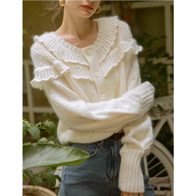 French Ruffles Knitted Cardigan 2022 Autumn Winter Lantern Sleeves Buttons Sweater Coat Female Vintage Elegant Sweaters Gilet