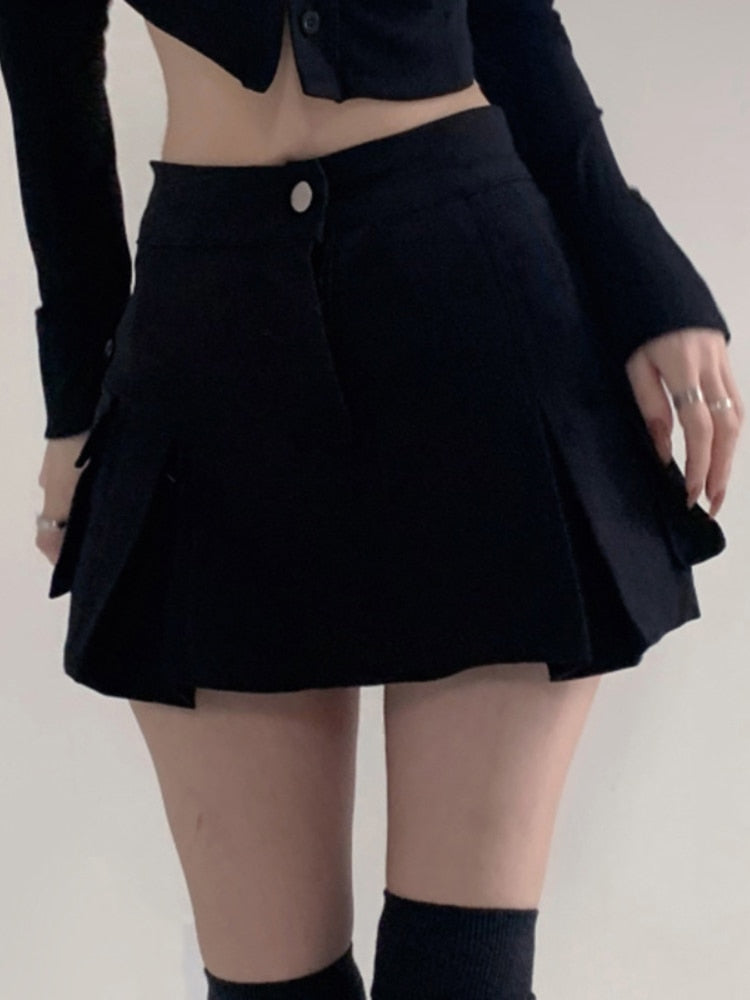 HOUZHOU Vintage Pocket Denim Cargo Skirt Women Korean Preppy Style High Waist Solid A-line Casual Pleated Mini Skirt Y2K E Girl