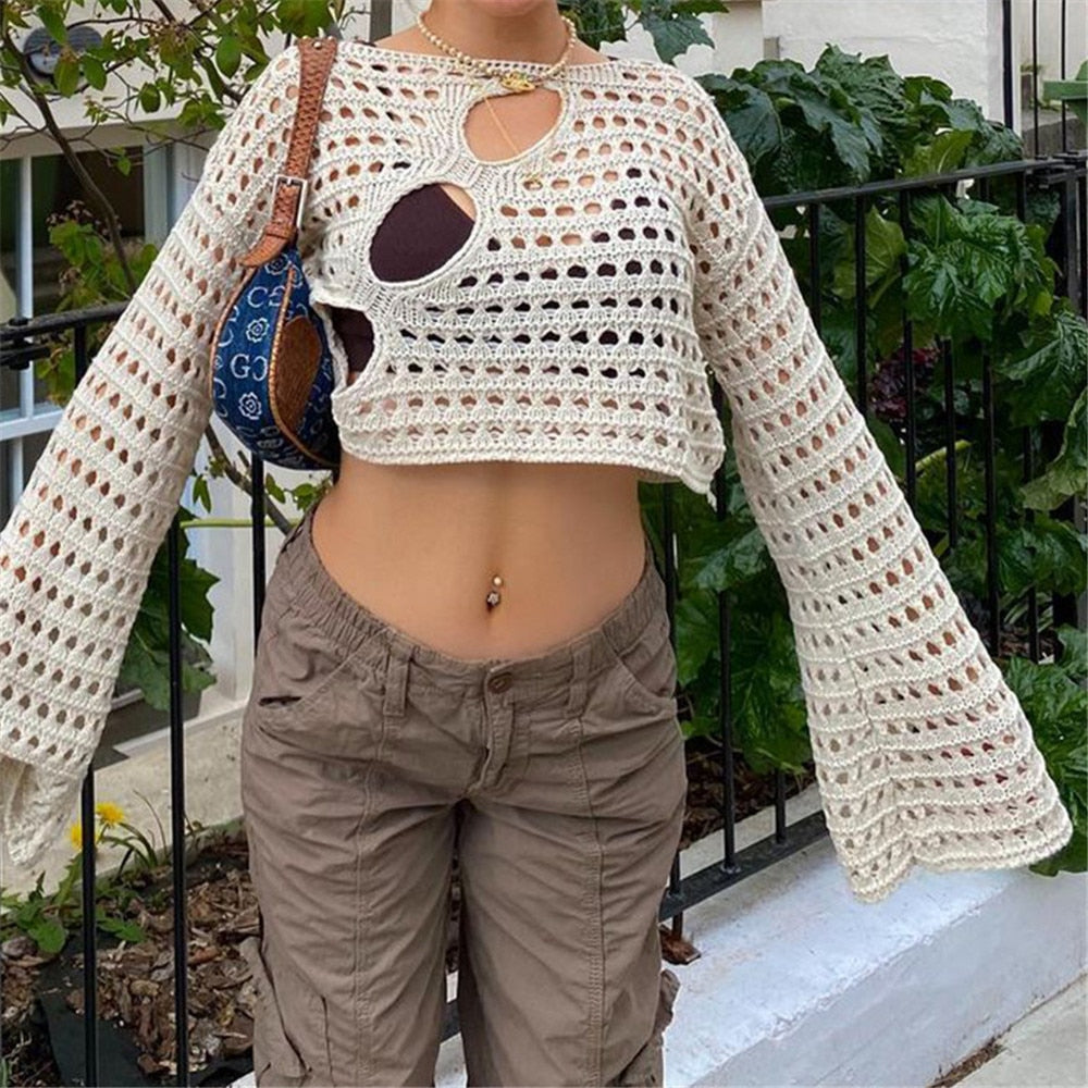 Lizakosht  Hollow Out Women Knitted T Shirts Y2K Crop Top Summer Beach Cover Up Fashion Casual Crppped Tops Tees Woman Clothes 2022
