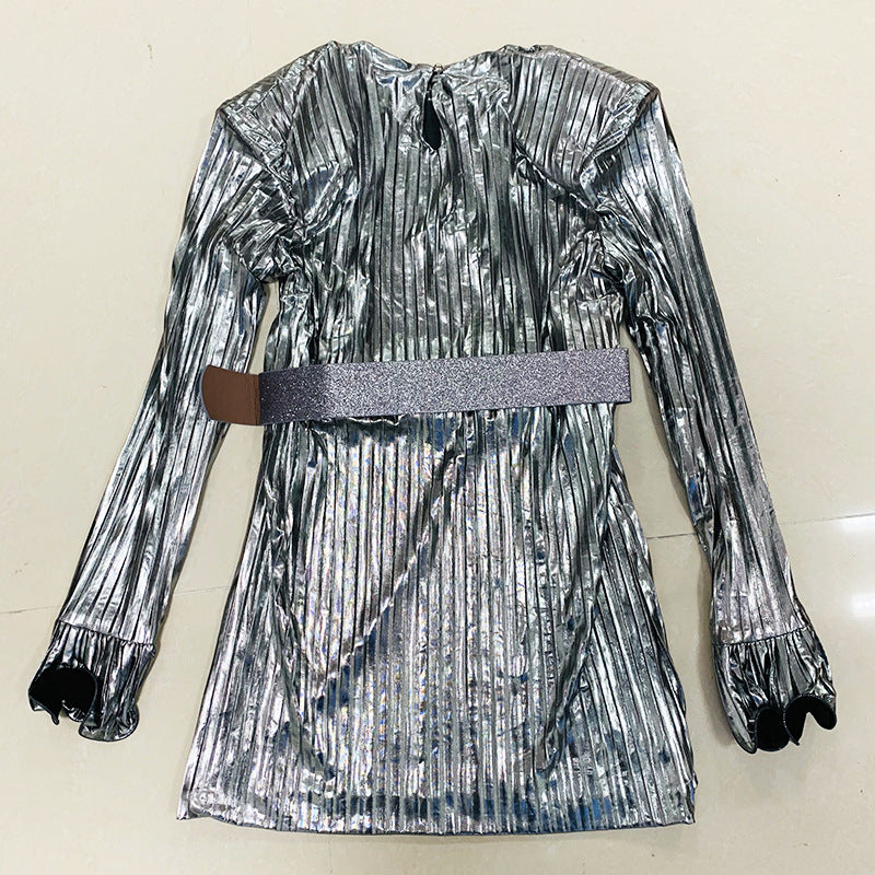 Lizakosht  Pleated Mini Dress with Belt Silver Gold 2022 New Designer BLING BLING Shiny Long Flare Sleeve Fashion Party Summer Dress