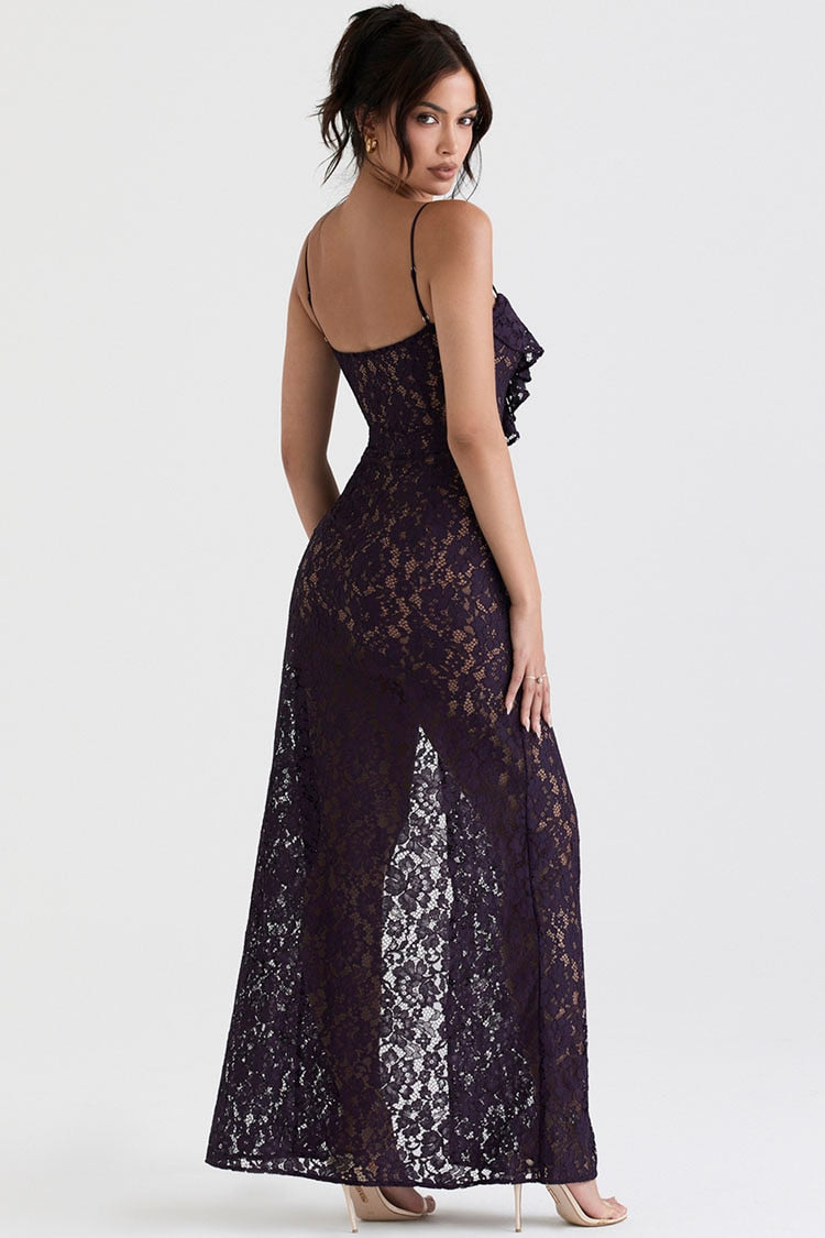 Lizakosht Summer Women's Dress V Neck Sling Sleeveless Off Shoulder Dress Slit Sexy Backless Lace Black Lace Dress