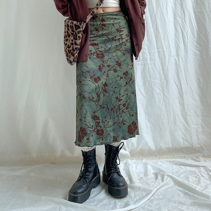 Lizakosht  Vintage Printed Long Skirt Women Y2k Grunge Green Cottagecore Low Waist Slim Straight Midi Skirt Girls 90s Aesthetic