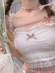 Pink Japanese Kawaii Lolita Crop Top Women White Korean College Style Sweet Tank Top Bow Lace France Princess Vset Female 2022
