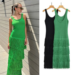 Lizakosht Knitted Womens Dresses for Women Slim Slip Dress Female Chic with Tassel Long Dresses Ladies Casual New In Dress