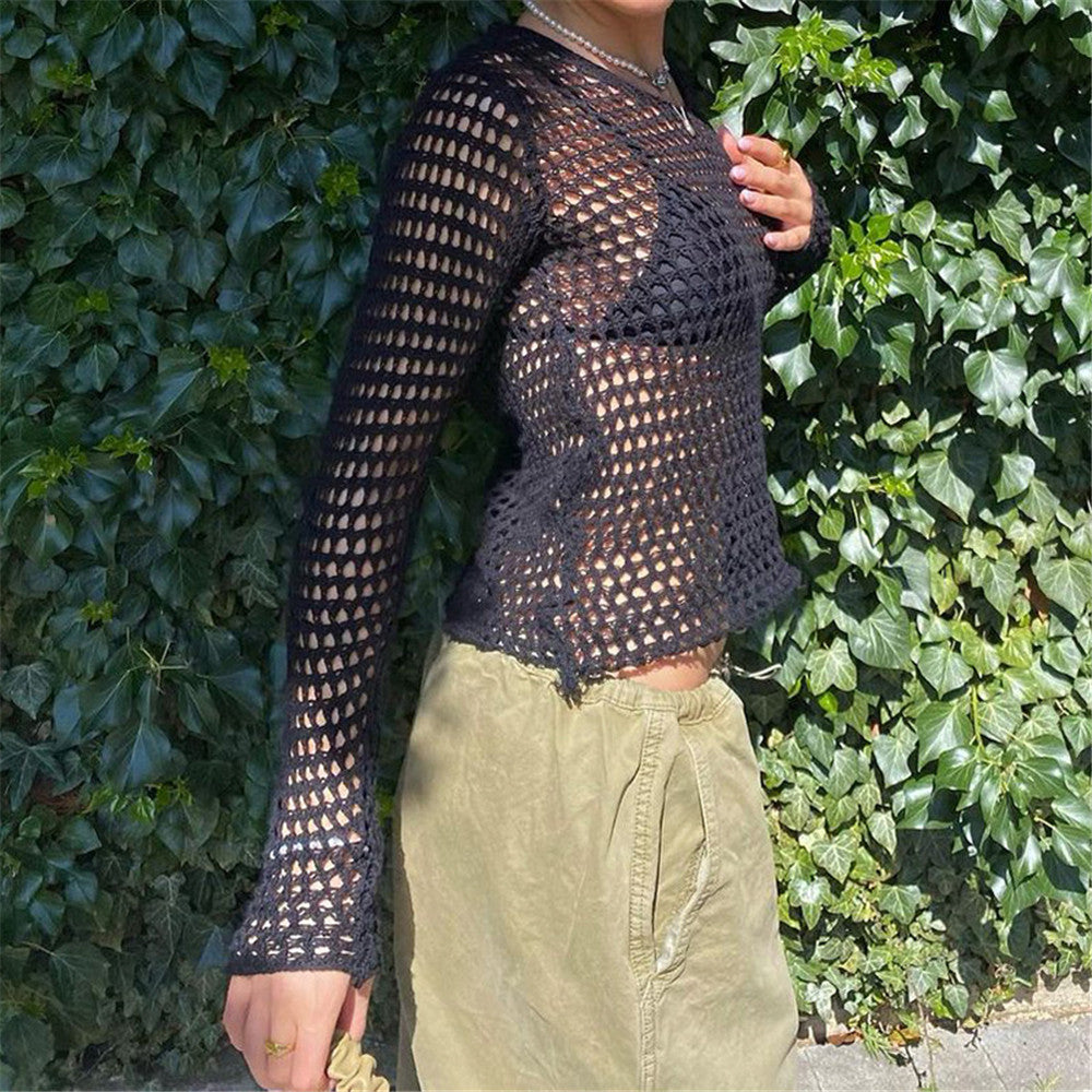 Lizakosht  Hollow Out Women Knitted T Shirts Y2K Crop Top Summer Beach Cover Up Fashion Casual Crppped Tops Tees Woman Clothes 2022