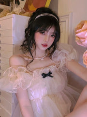 Summer Chiffon Bow Sweet Blouses Women Designer Puff Sleeve Princess Blouses Female Korean Fashion Lace Fit Party Blouse 2022
