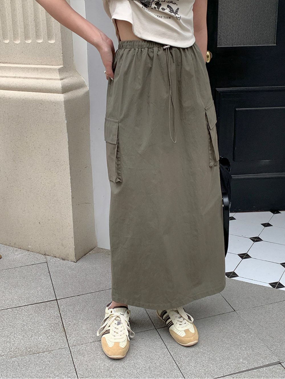 Lizakosht Y2K Drawstring Cargo Skirts for Women Side Pockets Elastic High Waist Streetwear Casual Skirt Korean Girls Summer Fashion