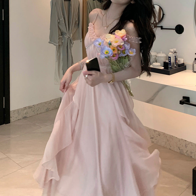 Elegant Strap Sleeveless High Waist Dresses For Women 2022 Summer Pink Sweet Fairy Dress Women Korean Fashion Party Dress