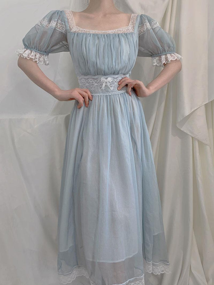 Fairy Party Dress Women Summer Vintage Blue Lace Meash Princess Dress Kawaii Lolita Elegant Casual One Piece Vestido