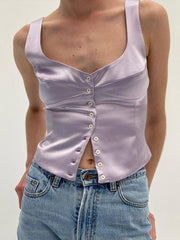 Lizakosht Satin Square Neck Sleeveless Cardigan Top Women Fashion Solid Single Breated Vest Female Sexy Suspender Underwaist