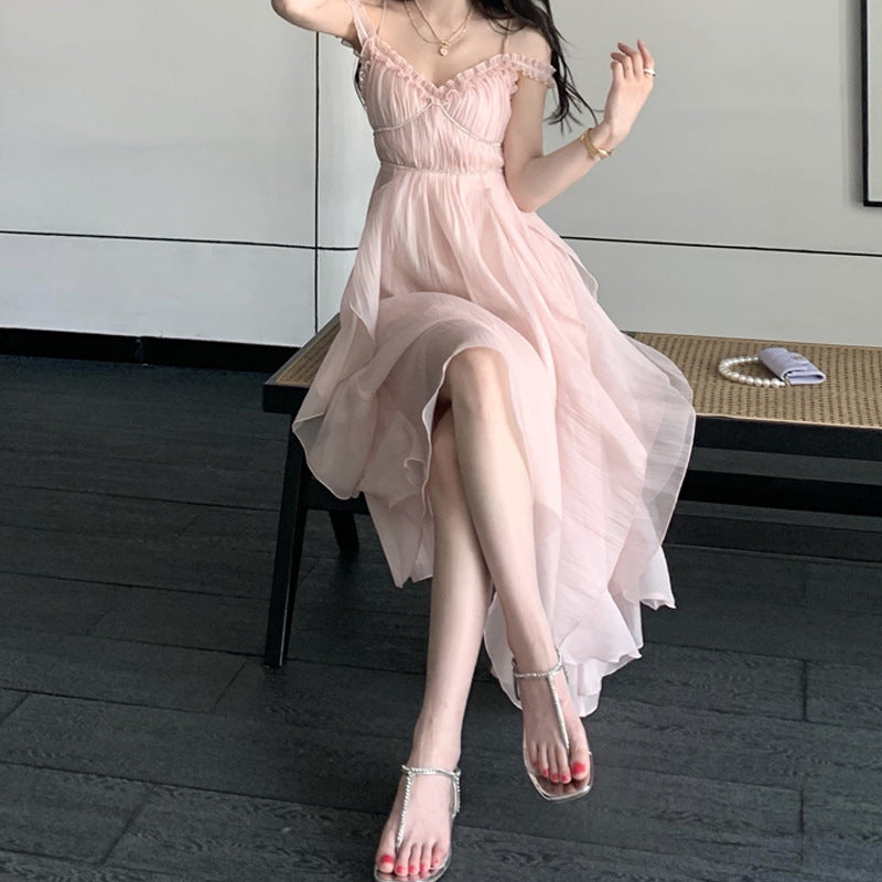 Elegant Strap Sleeveless High Waist Dresses For Women 2022 Summer Pink Sweet Fairy Dress Women Korean Fashion Party Dress