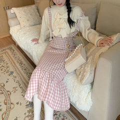 Kawaii Woolen Pink Plaid Mermaid Skirt Women Autumn Japanese Sweet Elegant High Waist Slim Strap Long Skirts Soft Girl