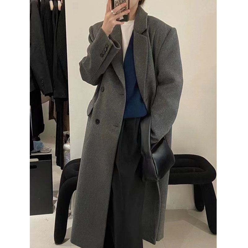 Lizakosht Korean Simple Solid Slim Long Coats Women Winter Thick Warm Double Breasted Turn Down Collar Woolen Coat  Office Lady Coats