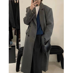 Lizakosht Korean Simple Solid Slim Long Coats Women Winter Thick Warm Double Breasted Turn Down Collar Woolen Coat  Office Lady Coats