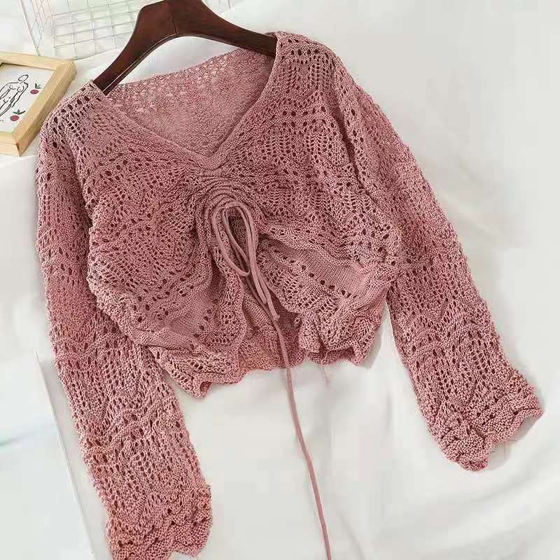 Butterfly knitted top off-shoulder ripped short summer new Korean style lazy commuter style short sweater women sweater