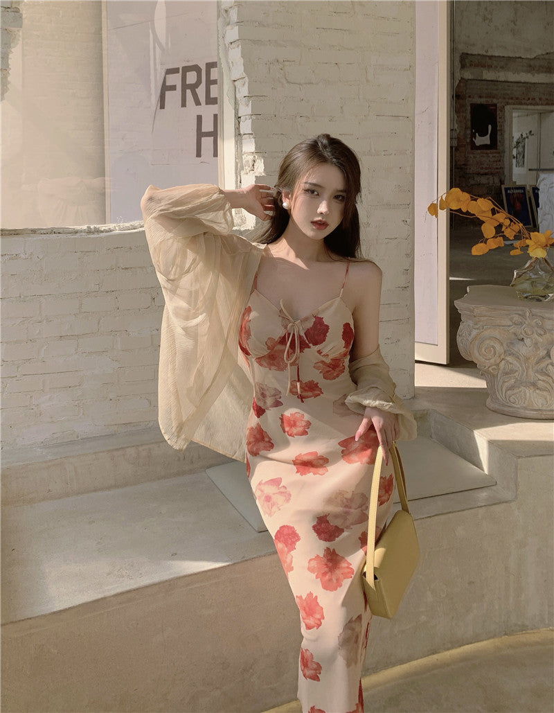 Lizakosht French Vintage Strap Dress Women Sweet Elegant Sleeveless Sexy Floral Dress Female Casual V-neck Beach Party Dress Summer 2021