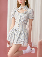 Lizakosht Striped France Vintage Two Piece Set Women Floral Elegant Party Cake Skirt Suit Female Korean Puff Sleeve Sweet Set Summer