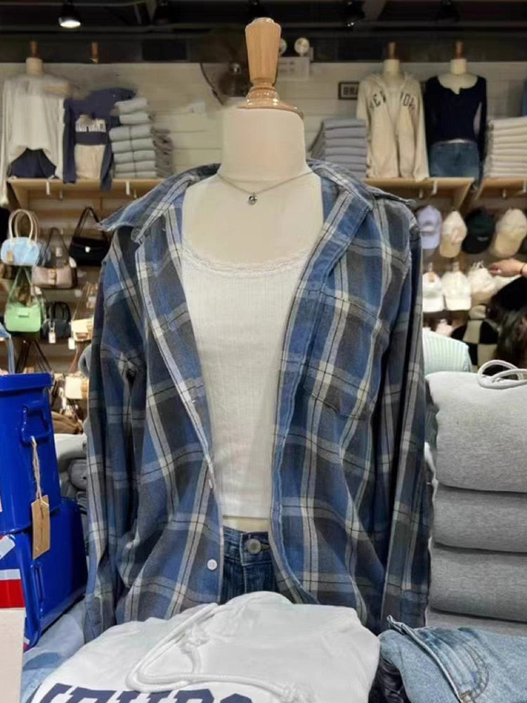 Lizakosht Vintage Blue Plaid Cotton T-shirts Women Casual Turn-Down Collar Spring Summer Long Sleeve Tees Chic Y2k Streetwear Oversize Top